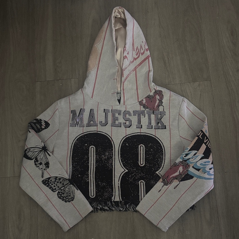 Majestik Pink & Cream Hooded Cropped Varsity Jacket